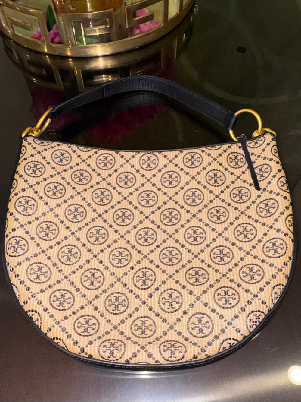 Tory Burch Raffia Woven Logo Half Moon Purse Shoulder Bag